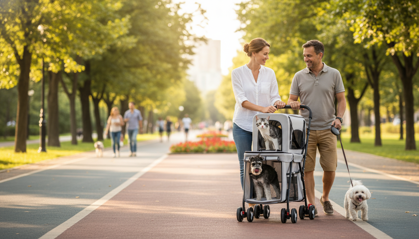 2-Tier Foldable Pet Stroller + Detachable Carrier
