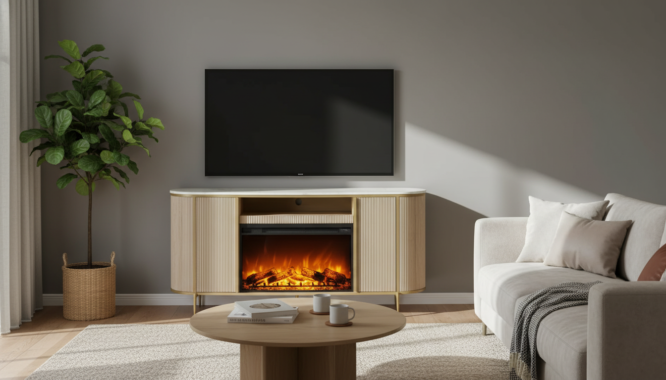 70-Inch Fluted Fireplace TV Stand: Faux Marble Luxury