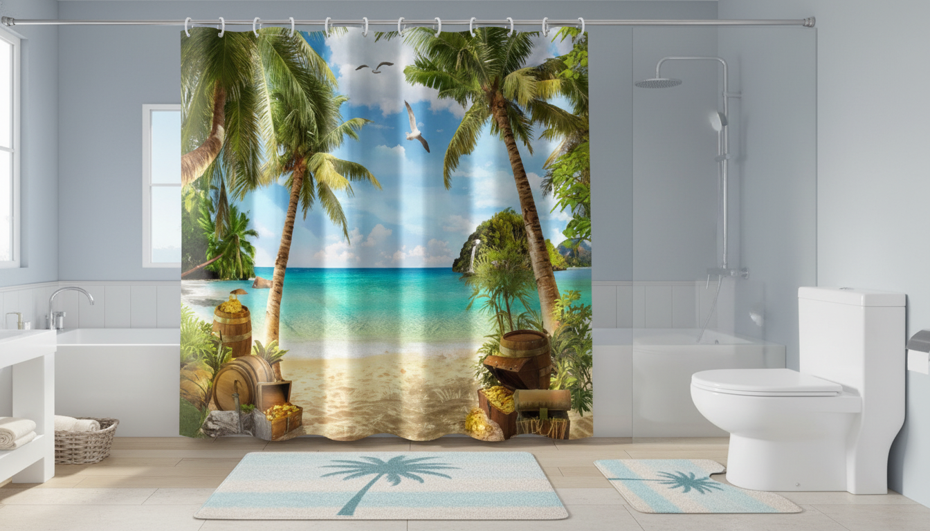 Beach Coconut Tree Shower Curtain Set: Rugs + 12 Hooks