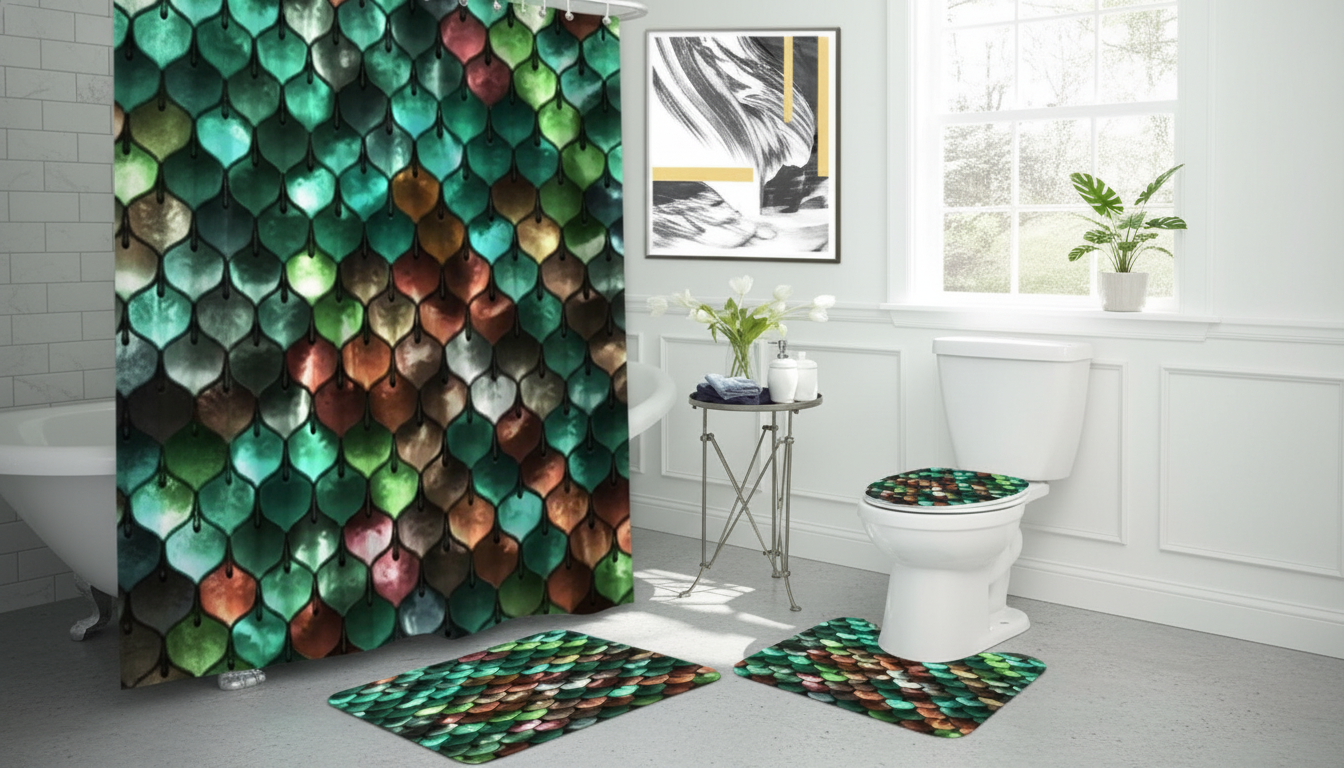 Green Scale-Print Shower Curtain Set: Summer Refresh