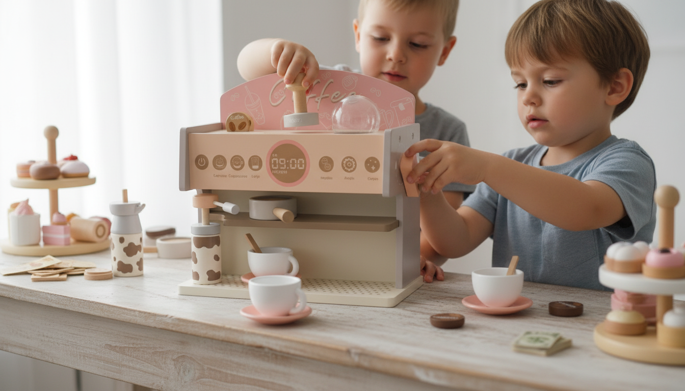 Kids Wooden Coffee Maker Set: Pretend Café Play for 3+