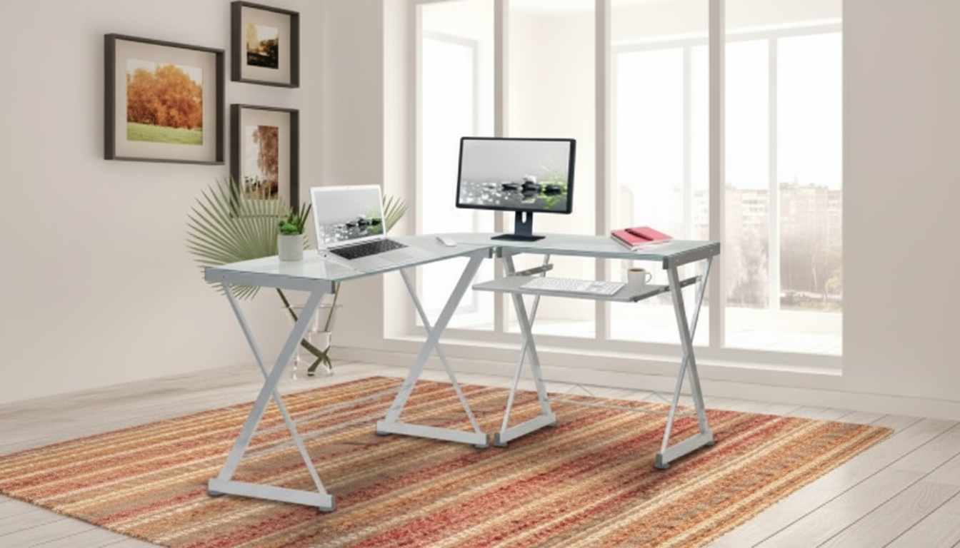 Modern L-Shaped Glass Computer Desk: Steel Frame + Tray