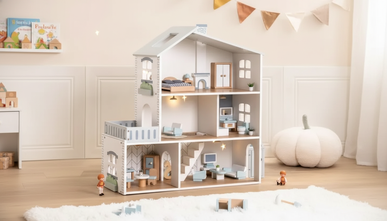 Wooden Dollhouse: 29 Accessories + Customizable Lights